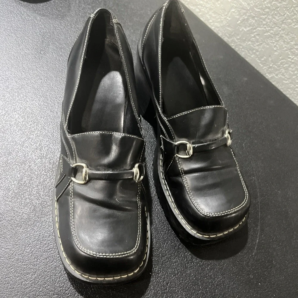 Vtg Y2K Black Platform‎ Chunky Heel Loafers Faux Leather Loafer 90s Sz 10.5 Lug - Picture 2 of 8